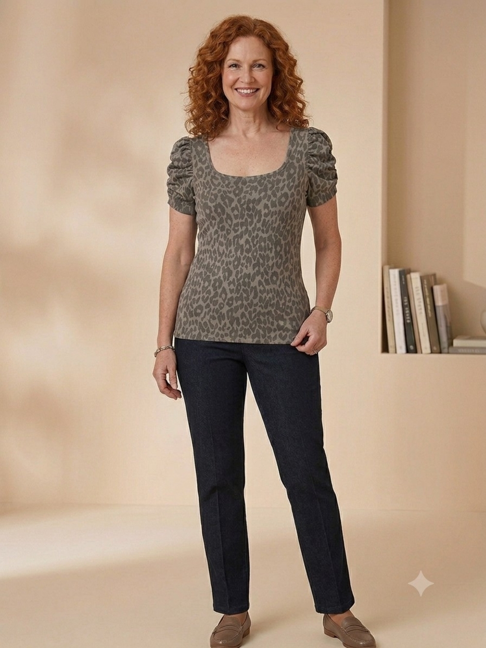 Style & Co Taupe Leopard-Print Scoop Neck Top with Puff Sleeves WS 175